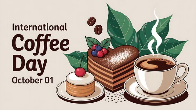 Illustration for international coffee day with coffee and cake