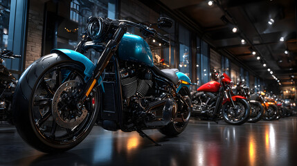 Showroom Showcase: Modern Motorcycles Lined Up at an Exhibition for Transport Enthusiasts