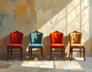 Four colorful chairs in a sunlit room