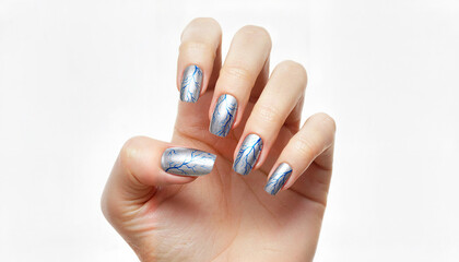 Stylish hand with metallic blue nail polish on white background  