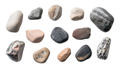 A diverse collection of natural stones arranged artistically on a white background. various textures and colors. ideal for use in design. art. or educational materials
