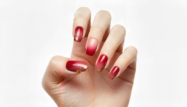 Woman's hand displaying elegant red gradient manicure with gold tips  