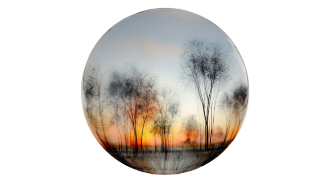 Modern Abstract Landscape with Transparent Circle Glass Sphere Minimal Nature Geometry Art Concept on white background
