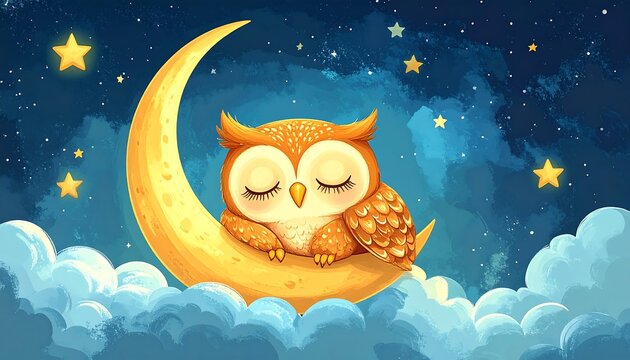 Cute owl sleeping on crescent moon