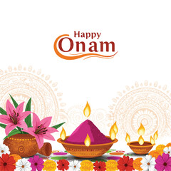 Vibrant 2D flat vector illustration of an Onam celebration, highlighting traditional colorful floral rangoli and festive blossoms set against a pristine white background.
