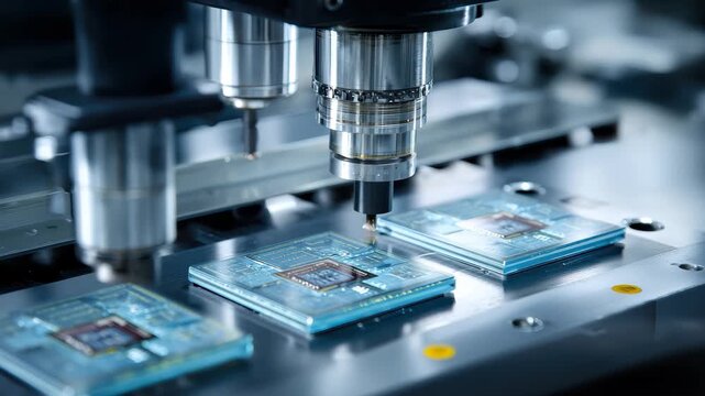 Silicon dies attached to substrate using precision equipment in a semiconductor manufacturing facility