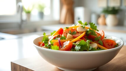A crisp vegetable salad in a white ceramic bowl with natural window lighting.