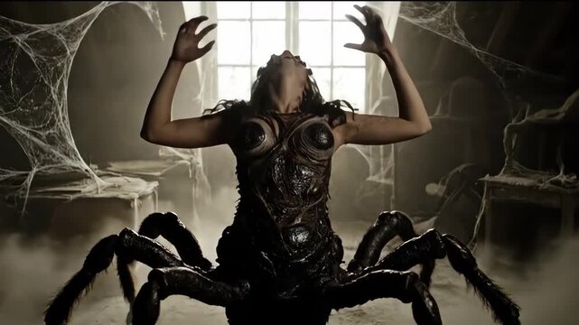 Spider Queen Transformation in Dusty Attic - A woman undergoes a dramatic transformation into a spider queen, her body morphing amidst a cloud of dust in a dilapidated attic filled with cobwebs.