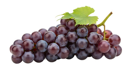 Obraz premium A fresh bunch of ripe purple grapes with a green leaf, a plain food object isolated on a clean white background for easy cutout