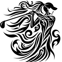 Obraz premium Female golfer swinging a club in dynamic tribal vector art 