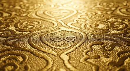 A luxurious golden fabric surface features an intricate embossed pattern, creating a rich and elegant background texture perfect for decorative design projects.