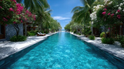 Turquoise Pool Surrounded by Lush Greenery in a Luxury Villa Resort on a Sunny Day
