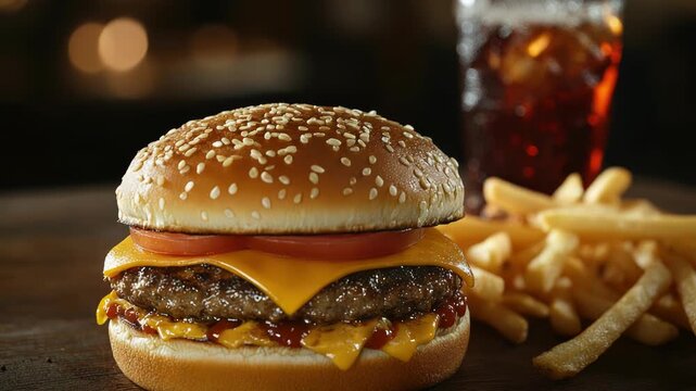 A close-up of a cheeseburger with a sesame seed bun, melted cheese, tomato, and a side of French fries. A glass of cola is in the background.