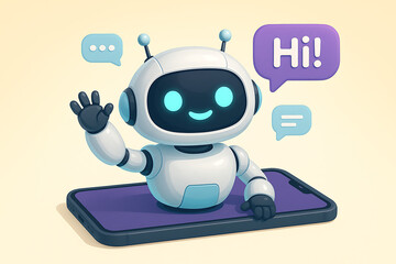 Adorable cartoon robot chatbot character with a big smile and waving hello emerging from a mobile smartphone screen with colorful chat bubbles in a digital illustration