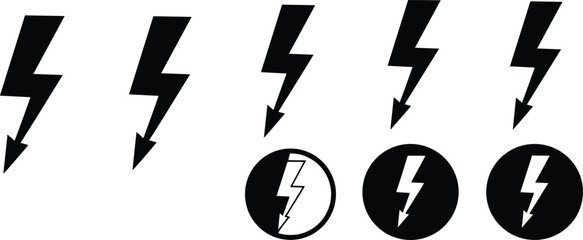 Lightning bolt icon sequence, black and white energy symbol set, electric power graphic evolution, minimalist branding design for concept visuals