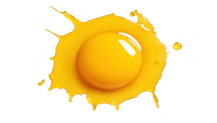 A raw egg yolk resting on a white background. surrounded by a splash of egg white. symbolizing freshness and culinary potential. perfect for food photography and cooking articles