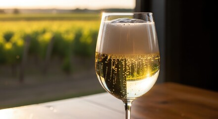 Obraz premium A glass of sparkling wine, with a vineyard backdrop, in the golden light of sunset.