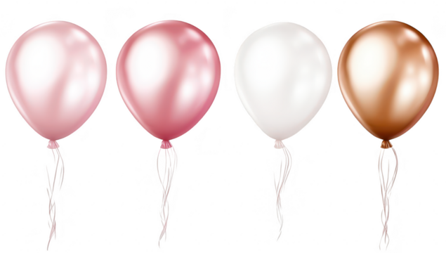 A collection of four glossy balloons in shades of pink. white. and gold. elegantly arranged with flowing ribbons. perfect for celebrations. parties. or festive decorations
