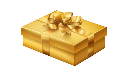 Obraz premium A beautifully wrapped golden gift box with a shiny ribbon. symbolizing celebration and joy. perfect for festive occasions like birthdays or holidays. set against a clean white background