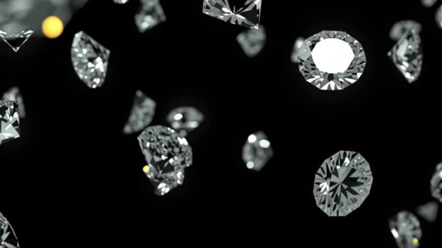 3D slow motion animation of shining diamonds falling on black background in 4k, luxury gemstone concept, sparkling crystal jewelry visuals, wealth and precious stone elegance