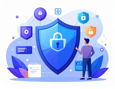 Flat illustration of cybersecurity concept with shield and padlock