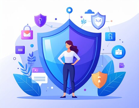 Flat illustration of cybersecurity concept with shield and padlock - Powered by Adobe