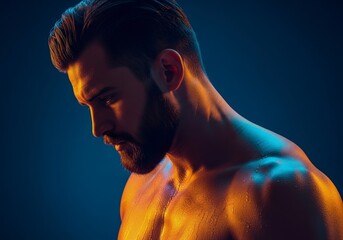 Closeup of a muscular mans upper body with a beard lit with dramatic yellow and blue light