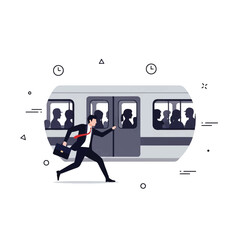 Man running to catch a train, with passengers visible inside.