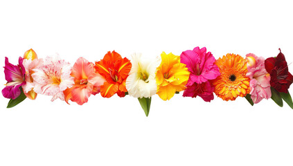 Obraz premium A arrangement of colorful flowers. including pink. orange. yellow. and white blooms. displayed against a clean white background. ideal for floral design or decoration use