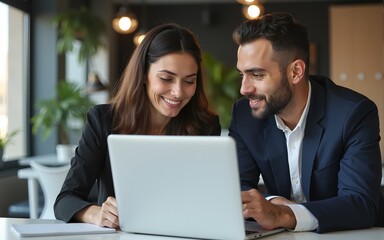 Fototapeta premium Mature Latin business man and European business woman discussing project on laptop gadget in office. Two diverse partners, colleagues, team of confident professional business people work together.