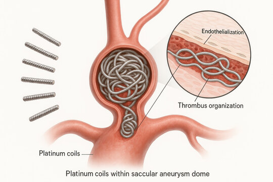 Medical illustration of platinum coils within a saccular aneurysm