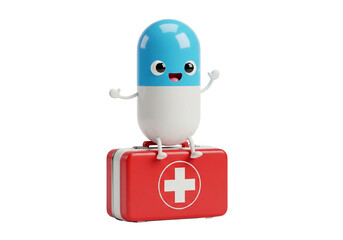 Fototapeta premium Adorable 3D Pill Character Sitting on First Aid Kit - Healthcare, Medicine, and Emergency Help Concept