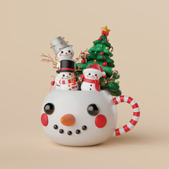 3d illustration, Christmas theme, Group of snowman with Christmas tree in a Christmas mug