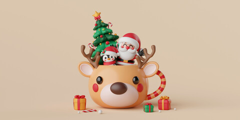 3d illustration, Christmas theme, Santa Claus and penguin with Christmas tree in a Christmas mug