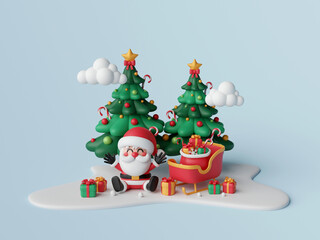 3d illustration, Santa Claus and sleigh with Christmas gift on snowy ground
