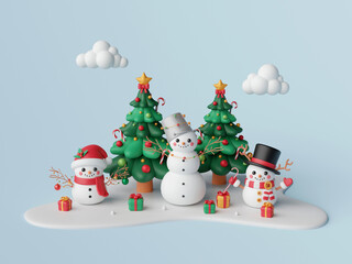 3d illustration Christmas theme of snowman on snowy ground with Christmas tree and gift box