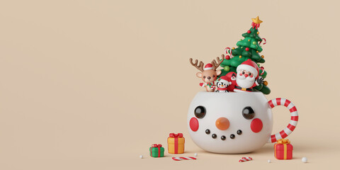 3d illustration, Christmas theme, Santa Claus, reindeer and penguin with Christmas tree in a Christmas mug