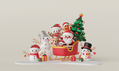 Merry Christmas and Happy new year with Santa Claus, Christmas character, Christmas tree and gift box on snowy ground, 3d illustration
