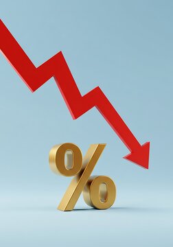 Red arrow declining towards golden percentage symbol