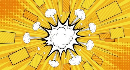 Dynamic comic book background with burst lines halftone dots rectangles and puff clouds
