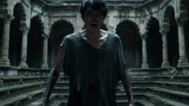 Vetala Transformation in Ancient Ruins - A dramatic close-up shot of an Asian man undergoing a terrifying transformation into a Vetala, a type of malevolent spirit in a dark and ancient stepwell
