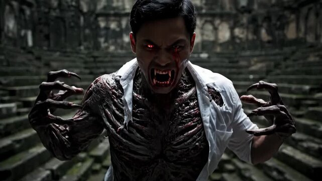 Man Transforming into a Ghost in Ancient Ruins - A close-up shot of an Asian man undergoing a terrifying transformation into a ghostly creature within the decaying stone structure of an ancient
