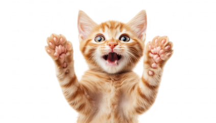 A playful orange tabby kitten with wide eyes and raised paws. its excitement in a bright. minimalist setting. perfect for pet-related content or cheerful themes
