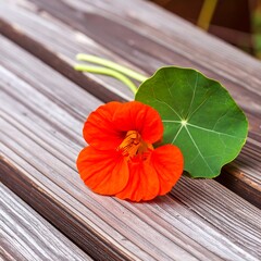 Vibrant orange flower on wooden planks