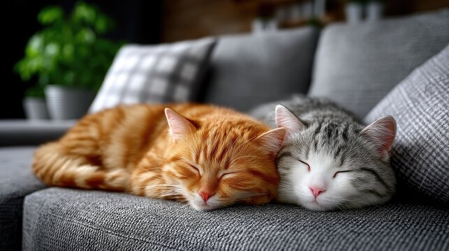 Two Cats Sleeping Peacefully on Gray Sofa in Living Room with Natural Lighting and Decorative Plants