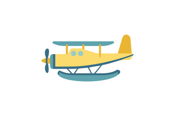Whimsical yellow seaplane with blue pontoons and propeller isolated on a white background perfect for children s themes