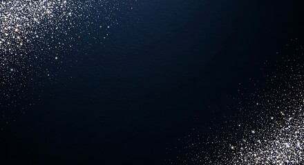 Sparkling silver glitter particles scattered across a dark blue background, creating a festive and magical atmosphere