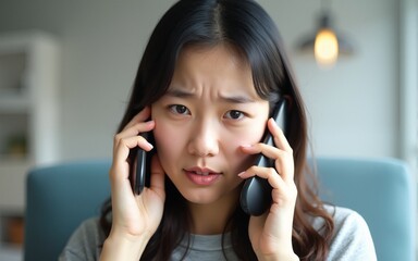 Young asian woman looking upset and confused while talking on two phones simultaneously, concept of communication issue, customer support frustration, or business problem. High quality