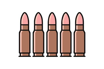 Five stylized rifle cartridges lined up in a row against a white background representing ammunition and weaponry concepts