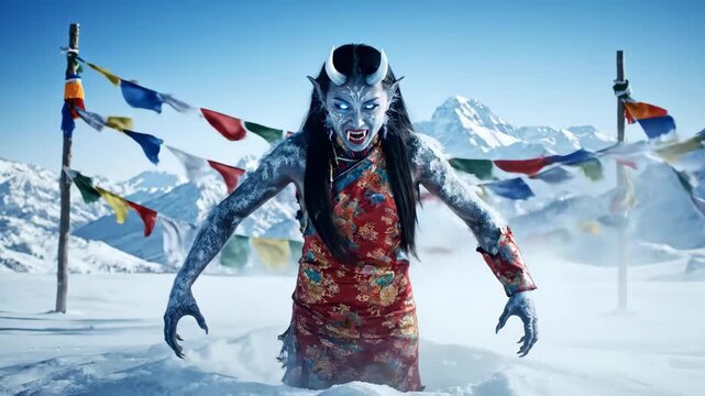 Himalayan Snow Demon Woman - A snow demon, appearing as a woman with icy blue skin and horns, emerges from the snow in the Himalayas.